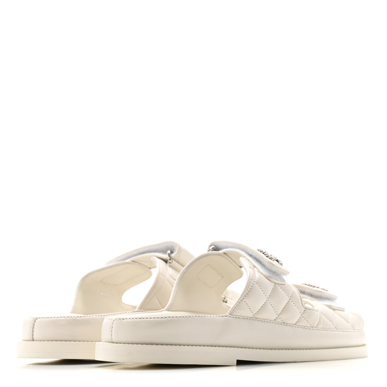 CHANEL LAMBSKIN QUILTED VELCRO DAD CHAIN CC SLIDE SANDAL WHITE