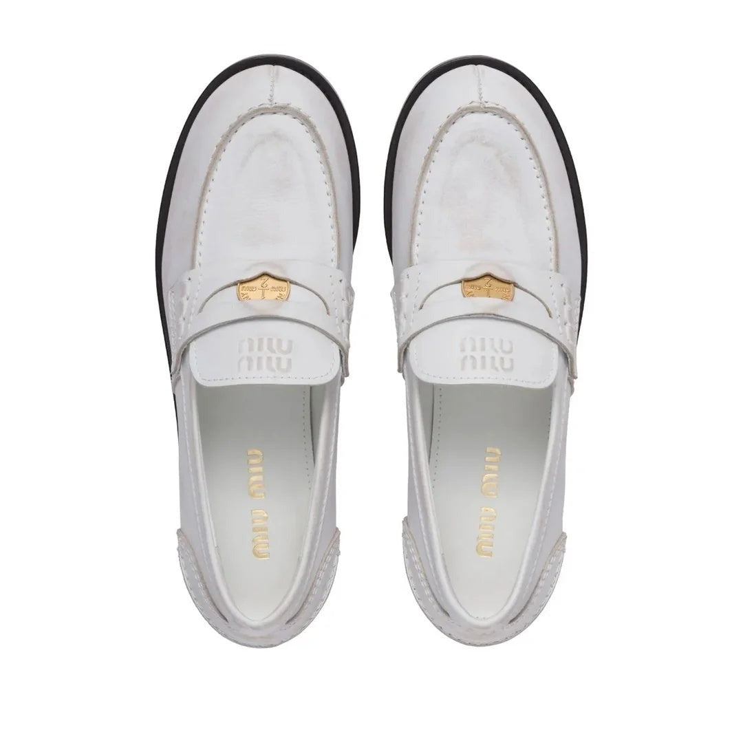 Miu Miu Cognac Woven Leather Penny Loafers - White
