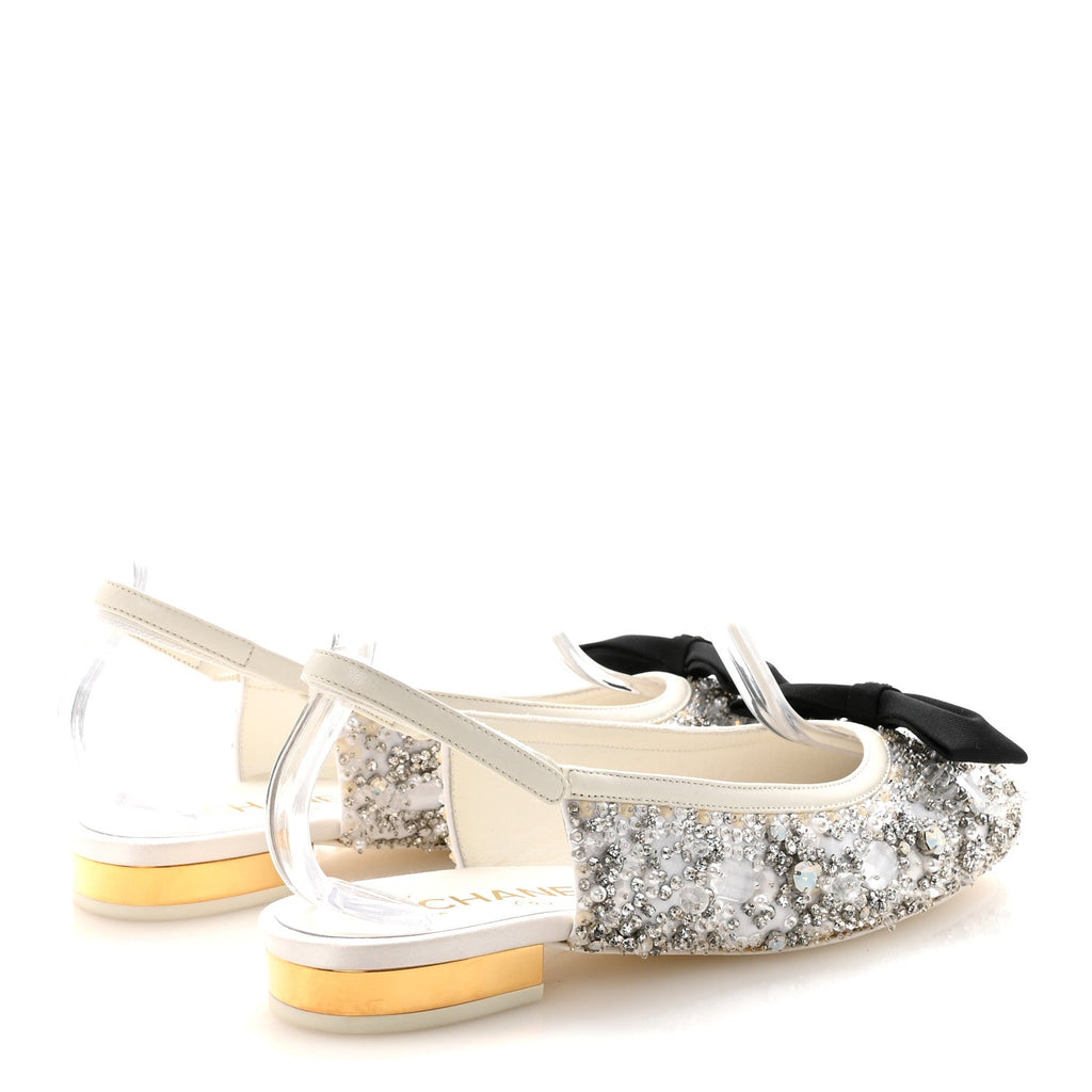 CHANEL SATIN CRYSTAL LAMBSKIN GROSGRAIN BOW CC SLINGBACK FLATS WHITE BLACK