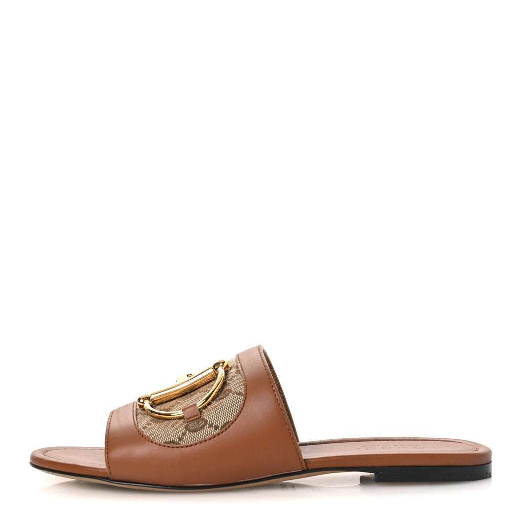 GUCCI HORSEBIT SLIDE SANDALS BEIGE & EBONY GG