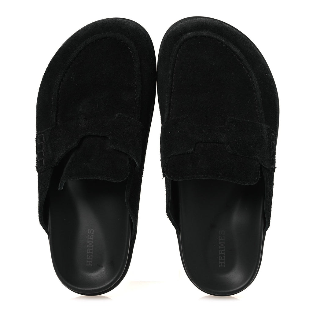 HERMÈS HERMES SUEDE CALFSKIN GO MULE BLACK WITH WHITE SHEARLING