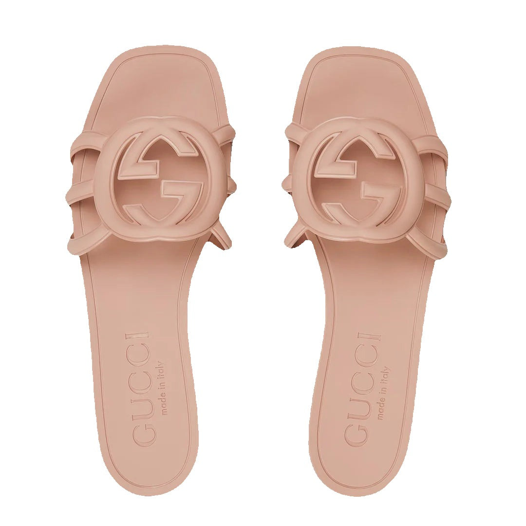 Gucci Rubber Web Interlocking G Slide Sandals Black Green - Pink