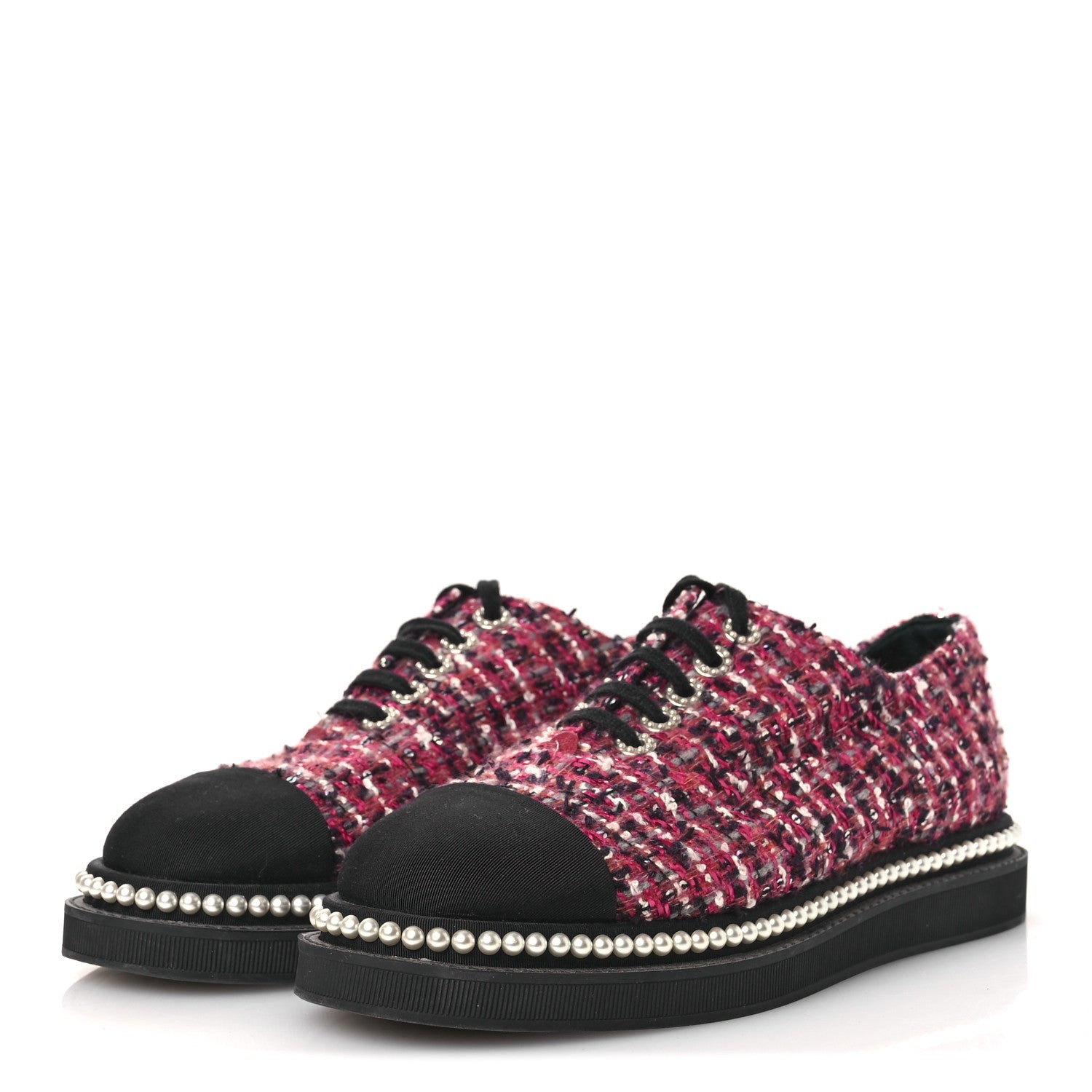 CHANEL TWEED GROSGRAIN SEQUIN PEARL LACE UP SNEAKER BLACK