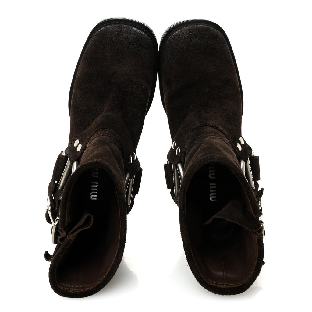 MIU MIU SUEDE HARNESS ENGINEER BOOT BROWN