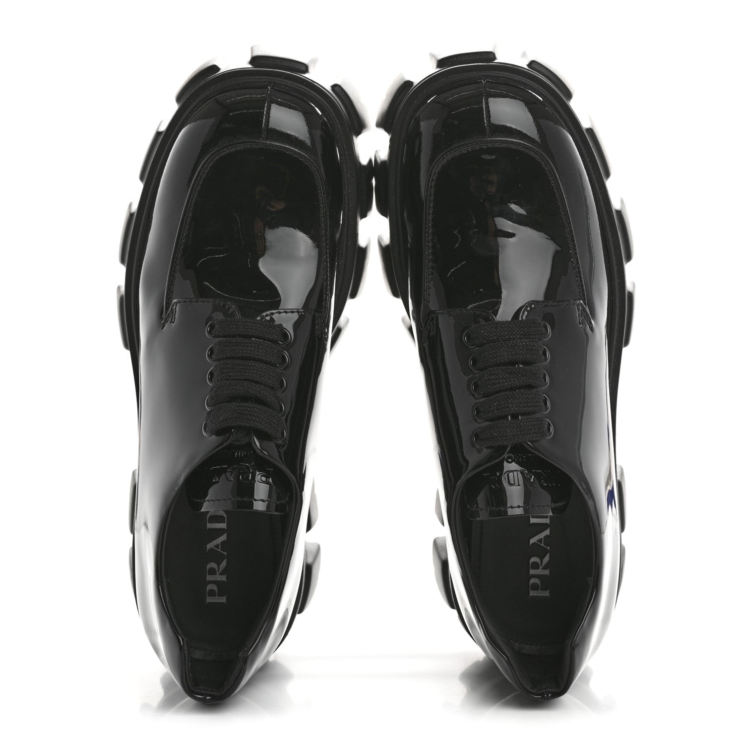 PRADA MONOLITH DERBY LOAFERS BLACK PATENT BLACK