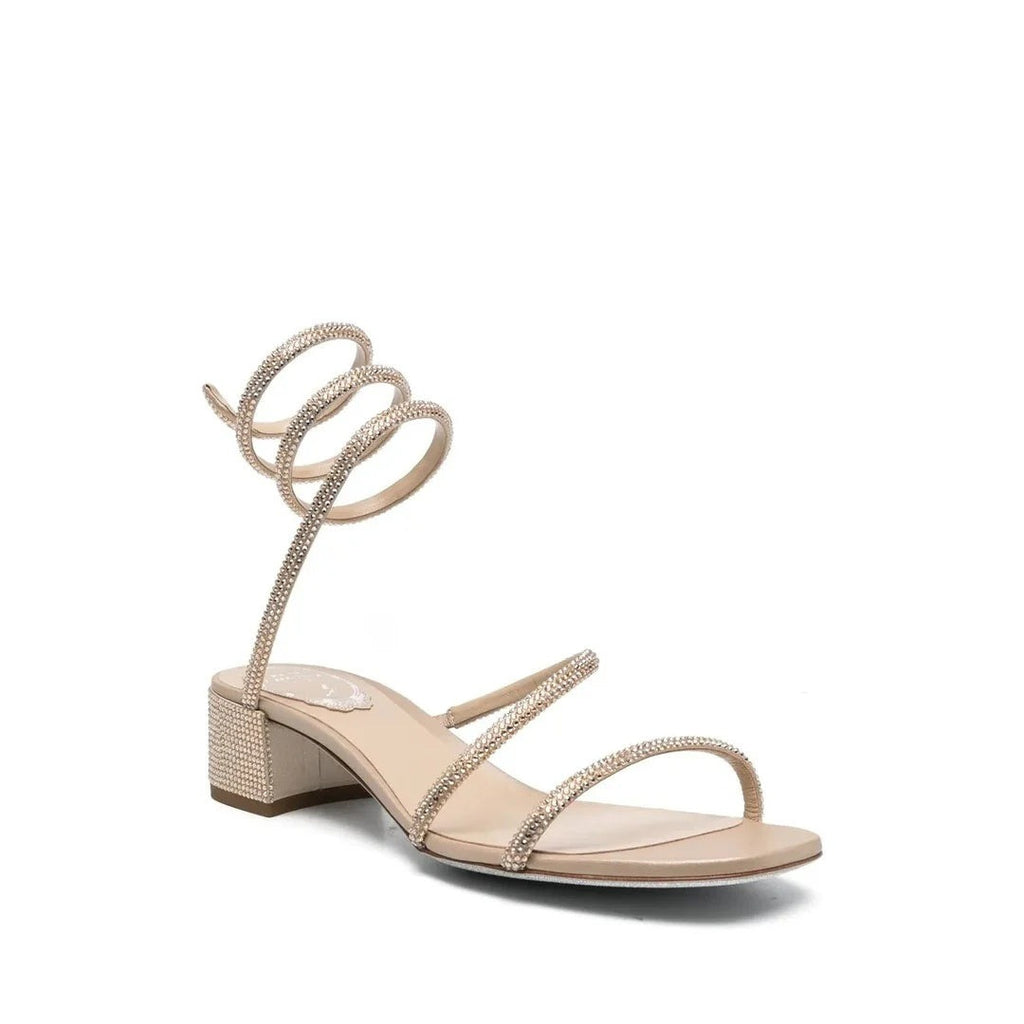 René Caovilla Embellished Flower Wrap Heeled Sandal 105 - Nude/Beige