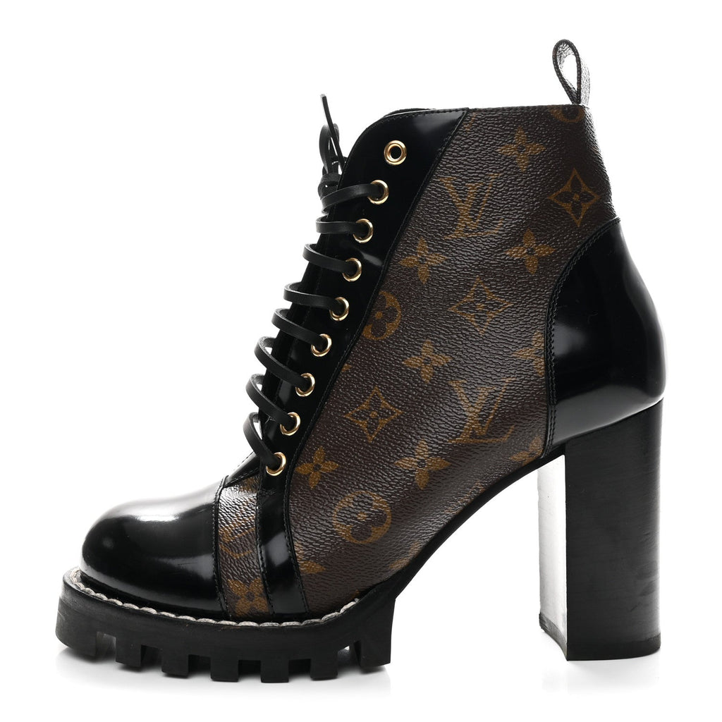LOUIS VUITTON PATENT CALFSKIN MONOGRAM STAR TRAIL ANKLE BOOTS BLACK