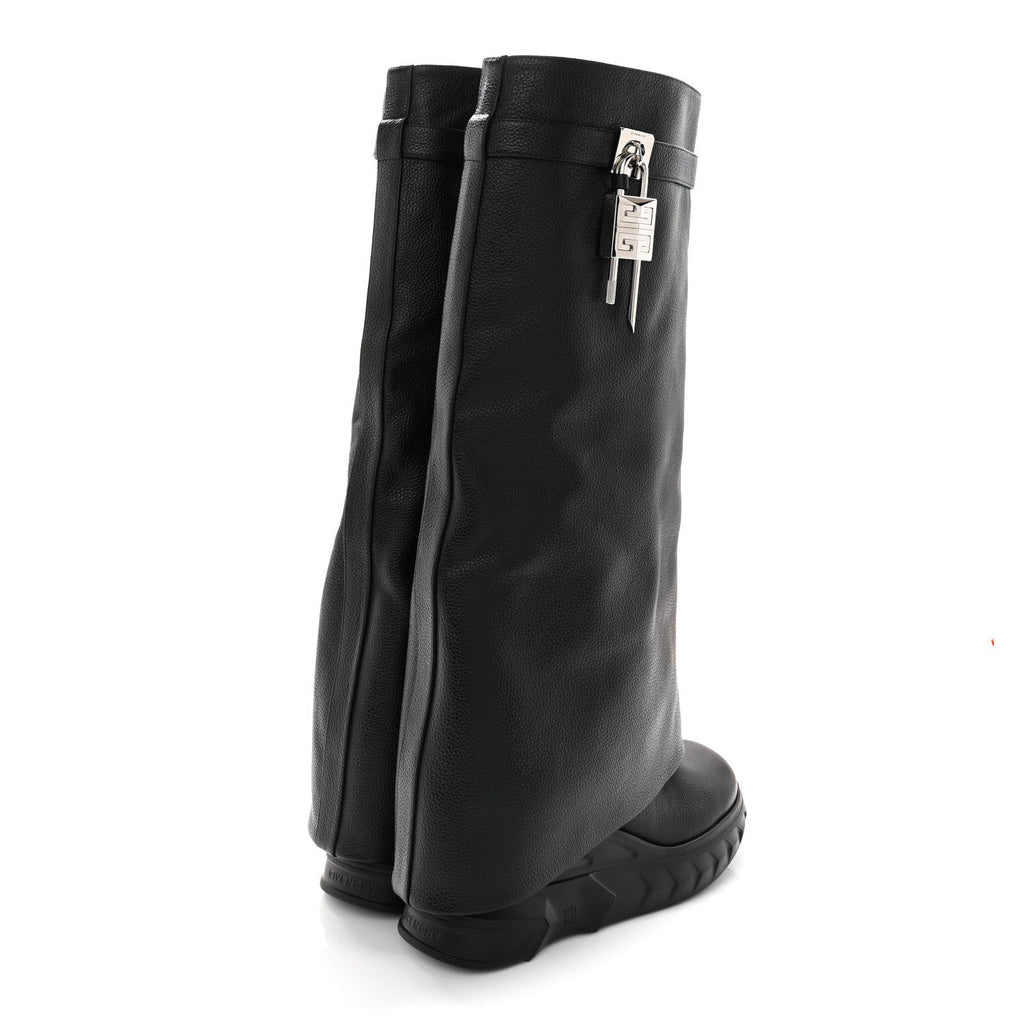GIVENCHY GRAINED CALFSKIN SHARK LOCK BIKER KNEE BOOT BLACK SMOOTH LEATHER