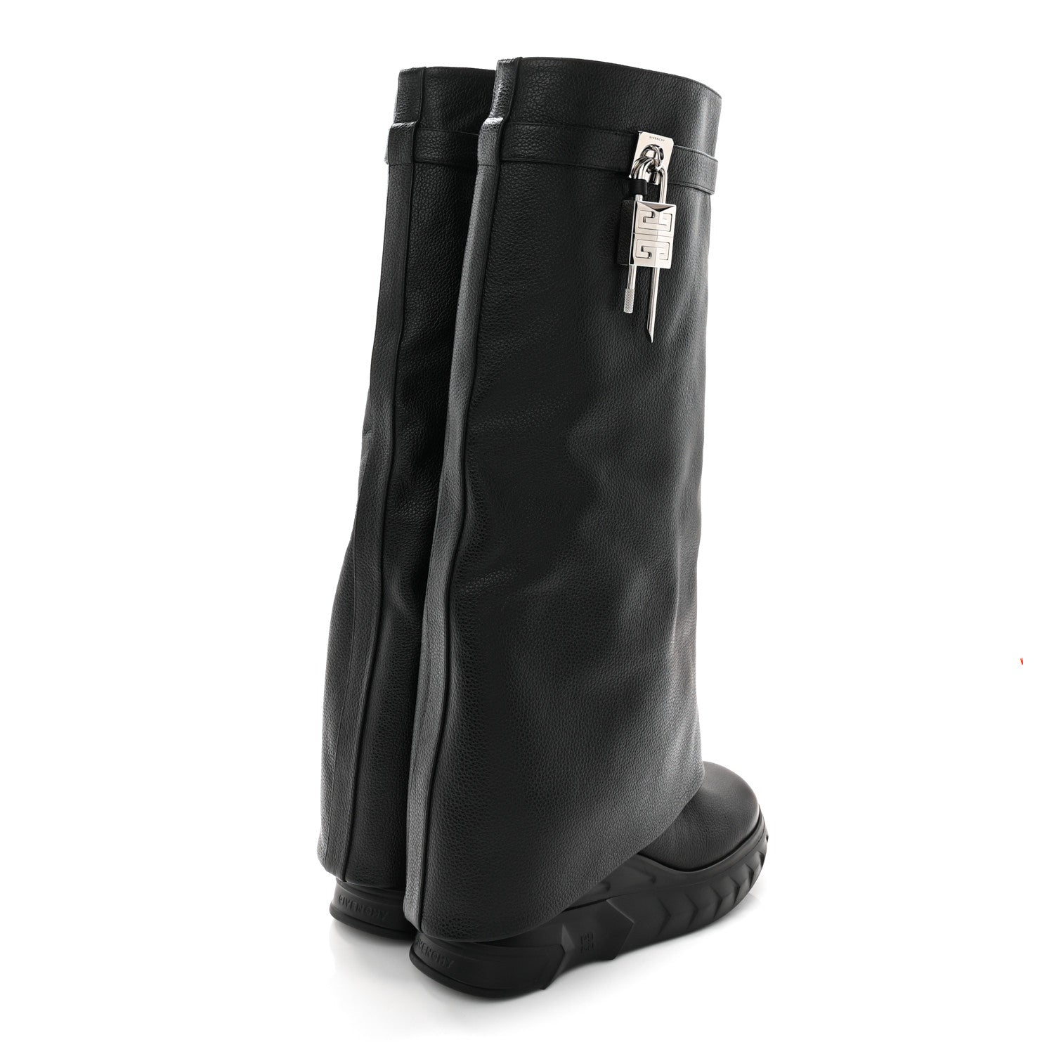GIVENCHY GRAINED CALFSKIN SHARK LOCK BIKER KNEE BOOT BLACK SMOOTH LEATHER