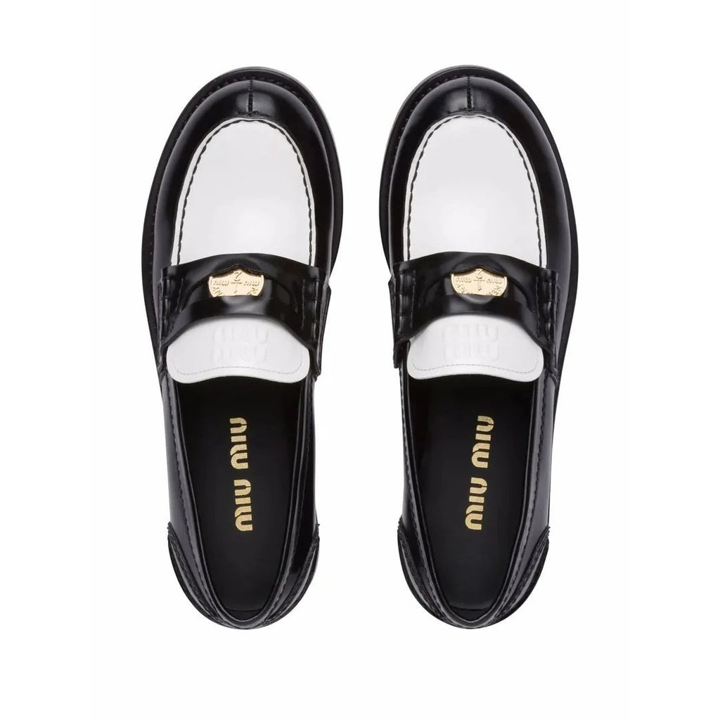Miu Miu Cognac Woven Leather Penny Loafers - Black and White