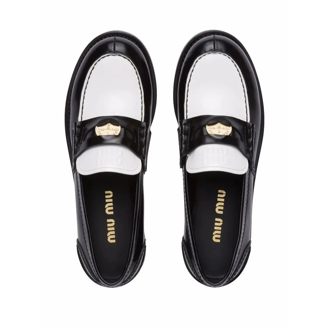Miu Miu Cognac Woven Leather Penny Loafers - Black and White