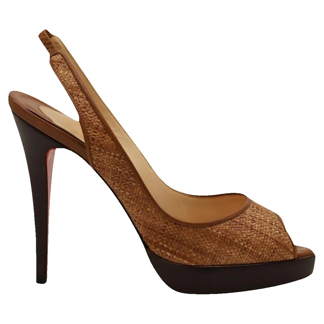 Christian Louboutin Sofia Z Peep Toe Slingback Pump - Tan/Brown Raffia