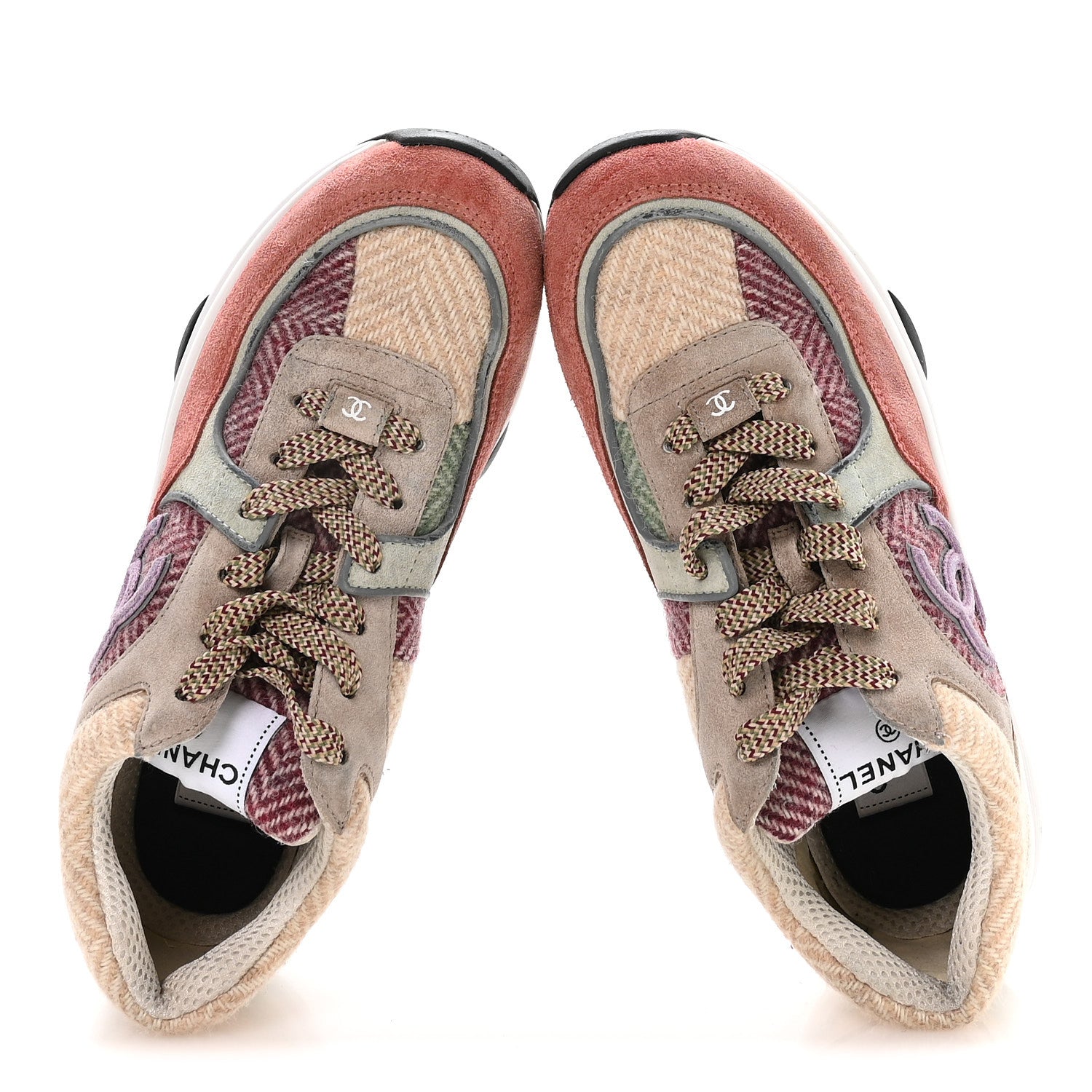 CHANEL FABRIC SUEDE CALFSKIN CC SNEAKERS PINK BEIGE WHITE & MULTICOLOR RAINBOW