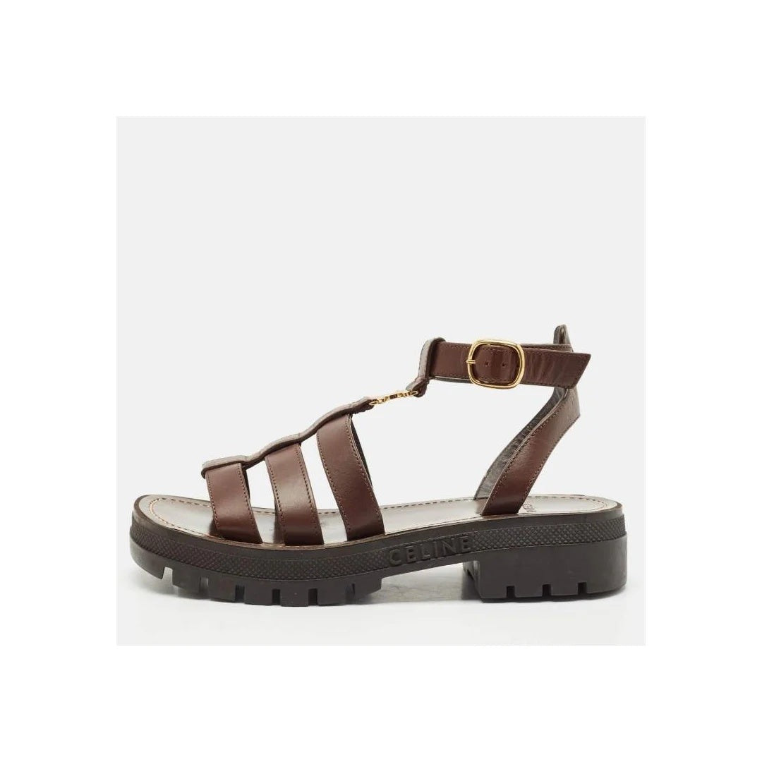 Celine Triomphe Leather Sandal - Dark Brown