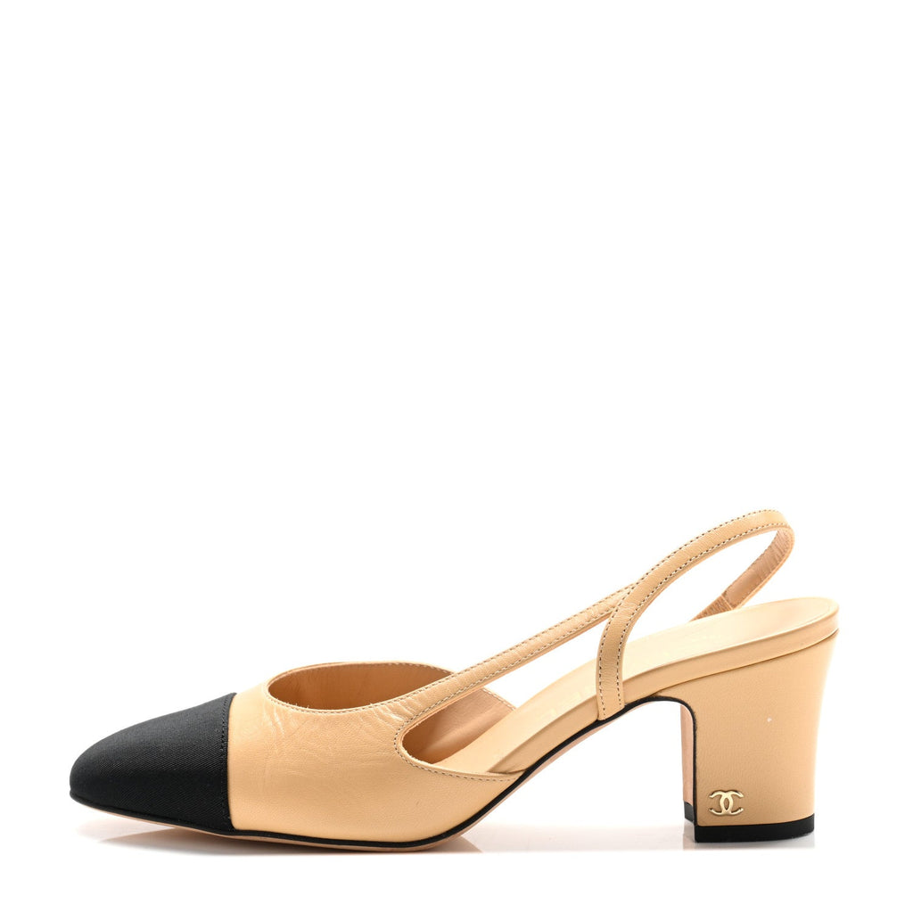 CHANEL GOATSKIN GROSGRAIN CAP TOE CC SLINGBACK PUMP BEIGE BLACK