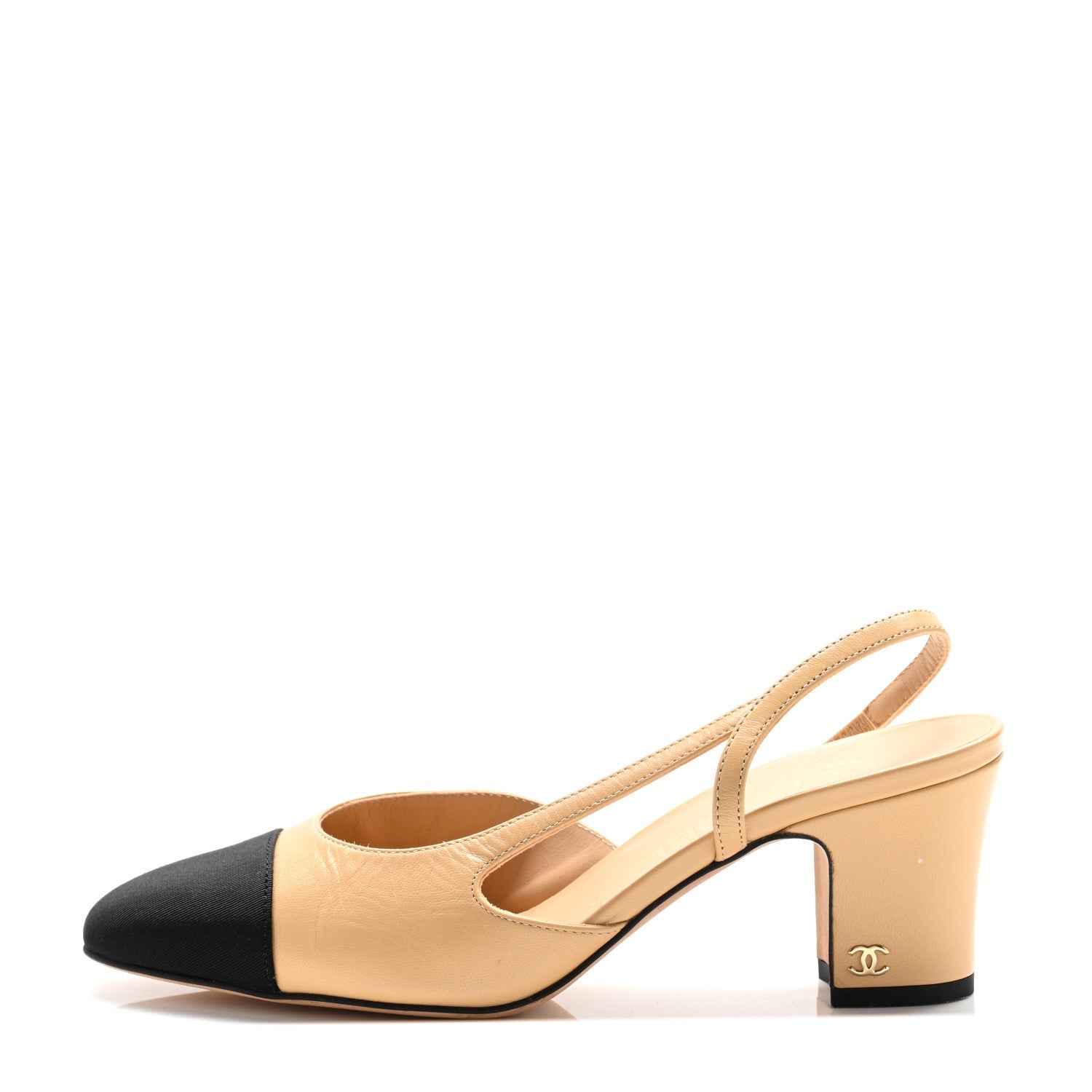 CHANEL GOATSKIN GROSGRAIN CAP TOE CC SLINGBACK PUMP BEIGE BLACK