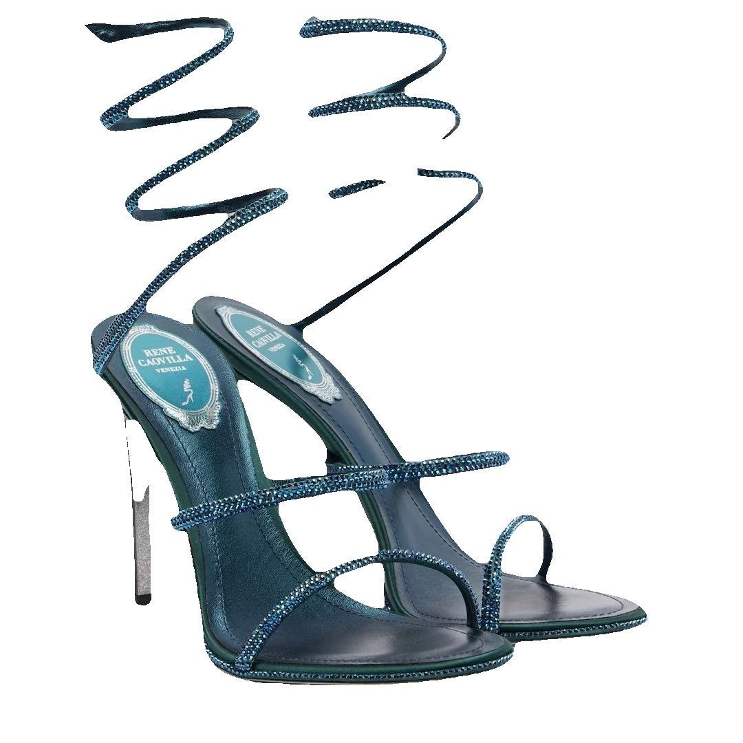 René Caovilla Flower Cleo 105 Satin Heeled Sandal - Blue