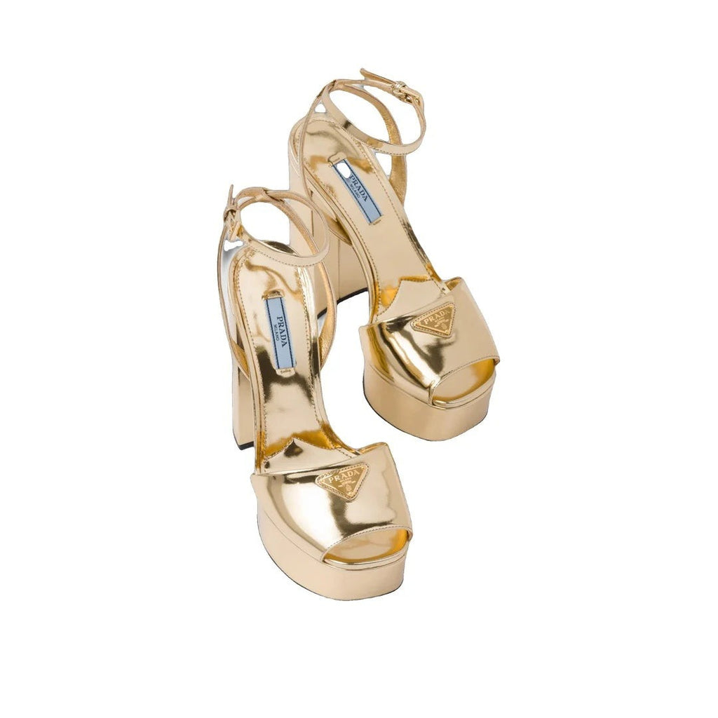 Prada Logo-Engraved Metallic Leather Heeled Sandals - Gold