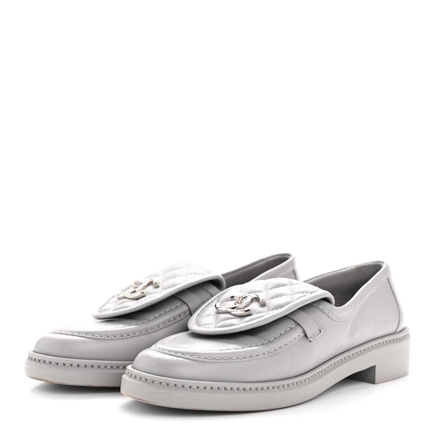 CHANEL CC TURNLOCK LOAFERS QUILTED LEATHER GREY SHW