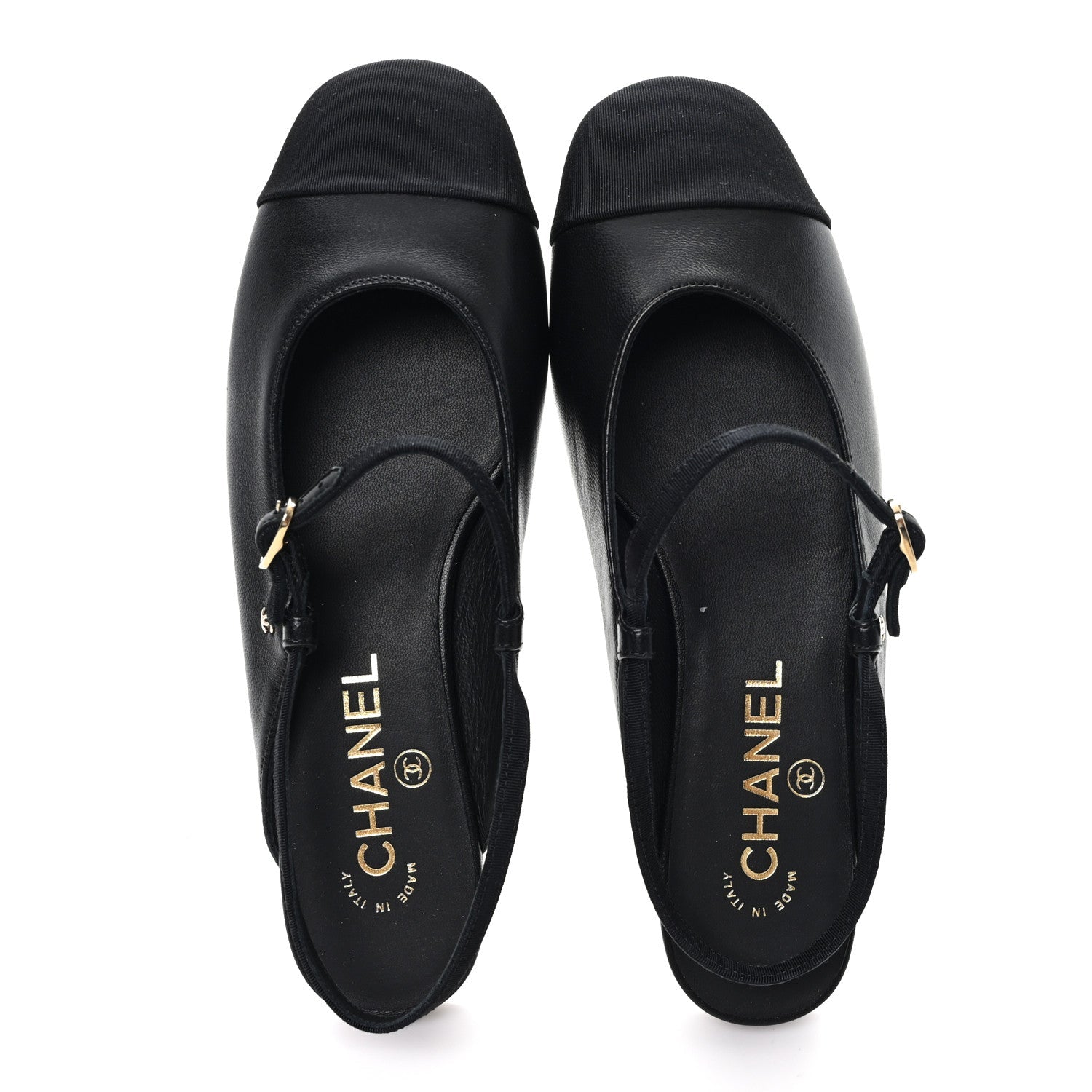 CHANEL SATIN CRYSTAL LAMBSKIN GROSGRAIN BOW CC SLINGBACK FLATS BLACK SLINGBACK WITH PEARLS