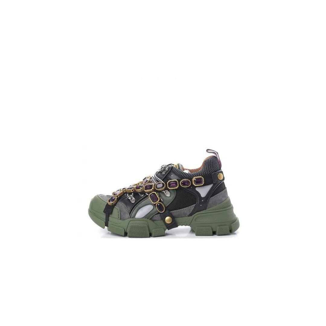 Gucci Flashtrek Mesh Calfskin Removable Crystals Sneakers - Green