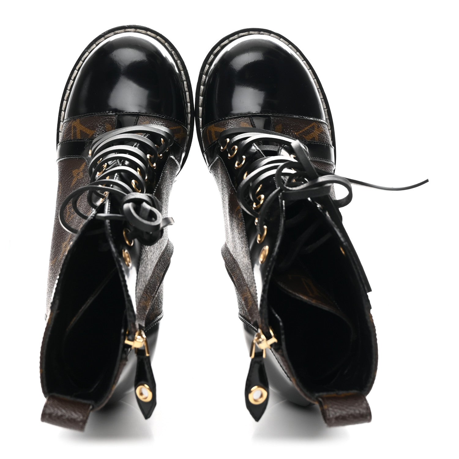 LOUIS VUITTON PATENT CALFSKIN MONOGRAM STAR TRAIL ANKLE BOOTS BLACK