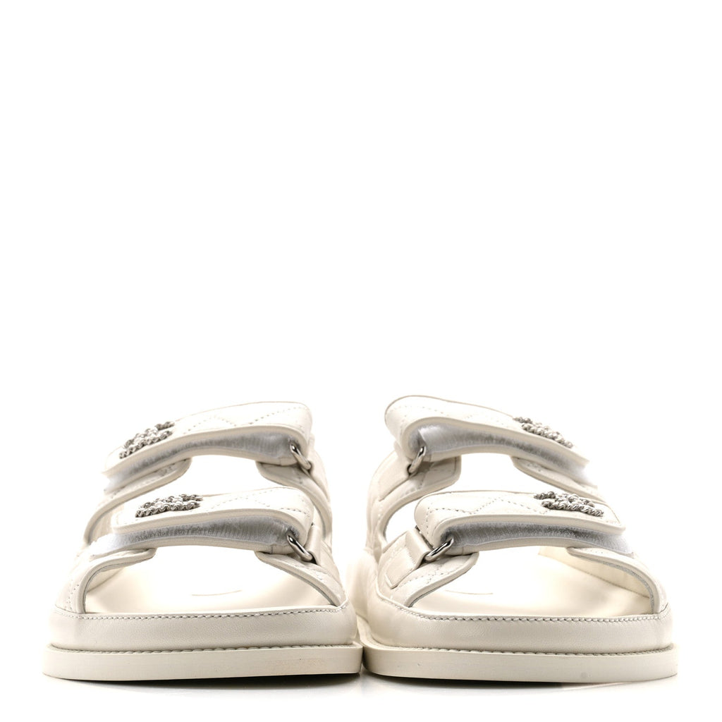 CHANEL LAMBSKIN QUILTED VELCRO DAD CHAIN CC SLIDE SANDAL WHITE