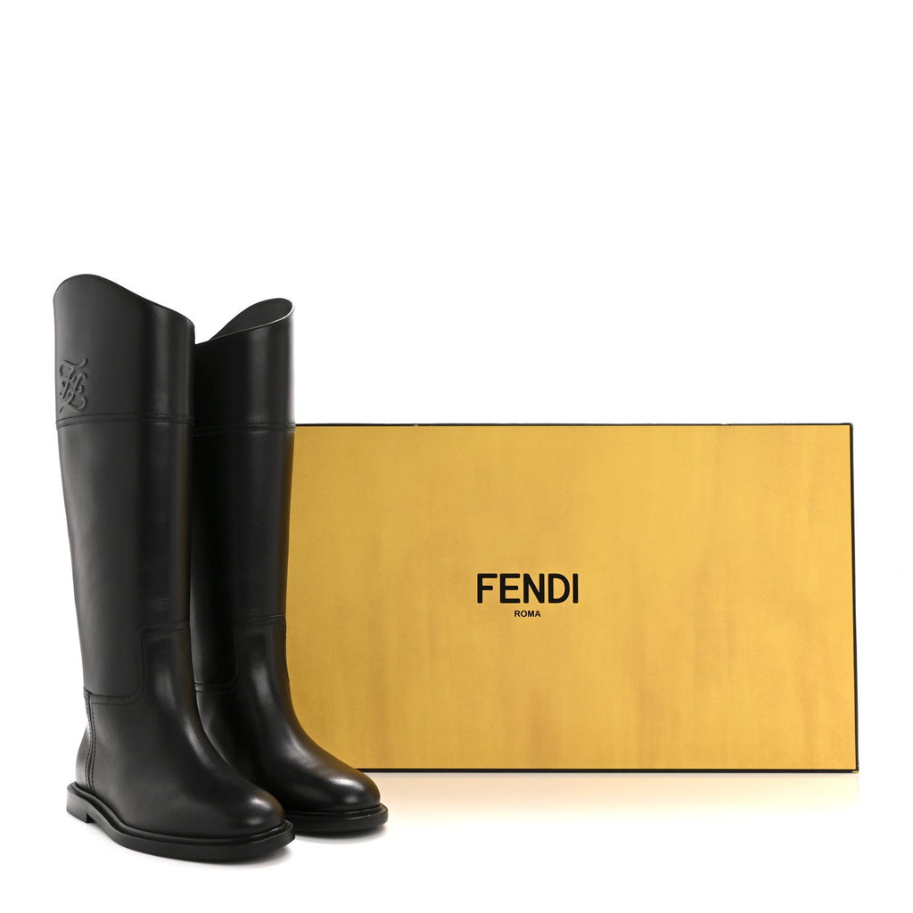 FENDI VITELLO KARLIGRAPHY EMBOSSED TALL RIDING BOOT BLACK