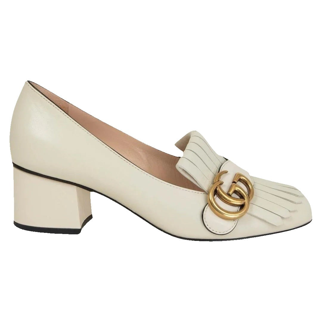 Gucci GG Marmont Fringe Platform High Heel Loafer Pumps - White