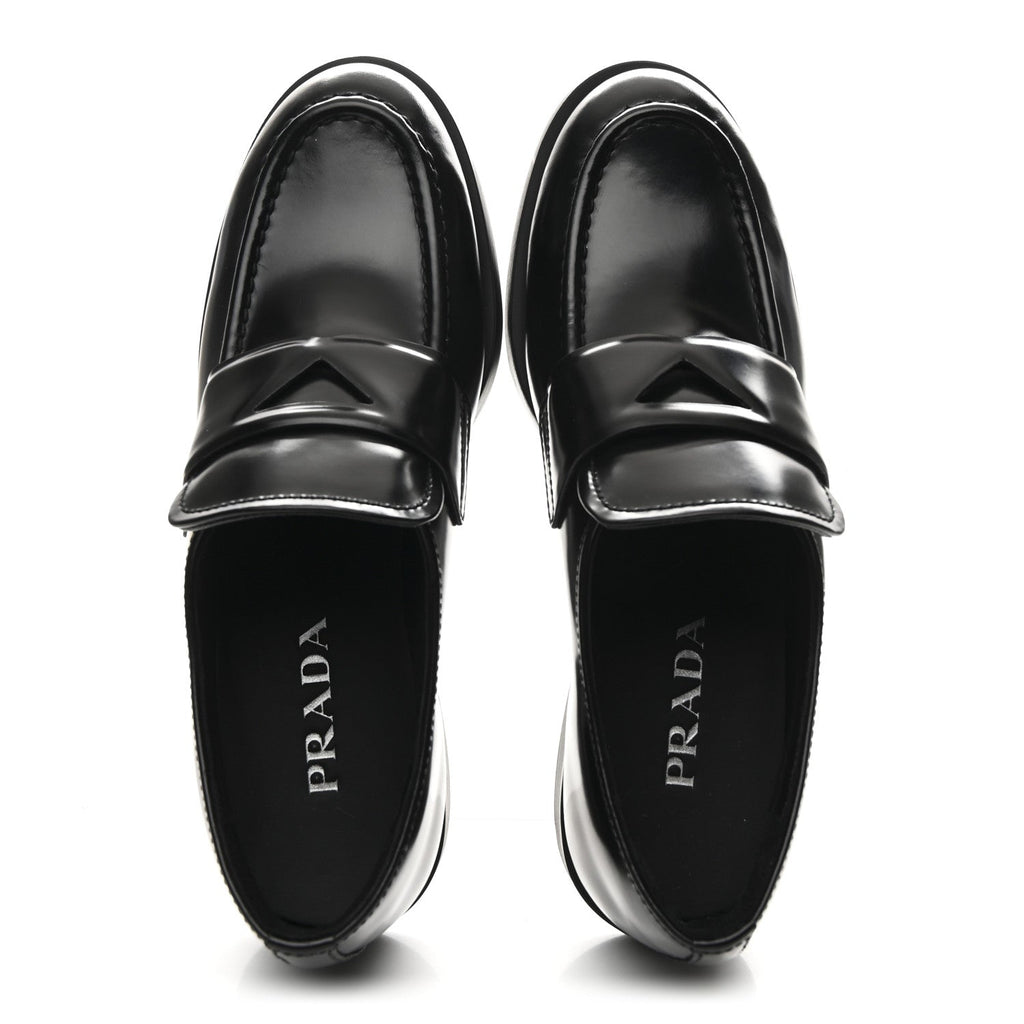 PRADA SPAZZOLATO TRIANGLE LOGO MONOLITH POINTY LOAFERS BLACK