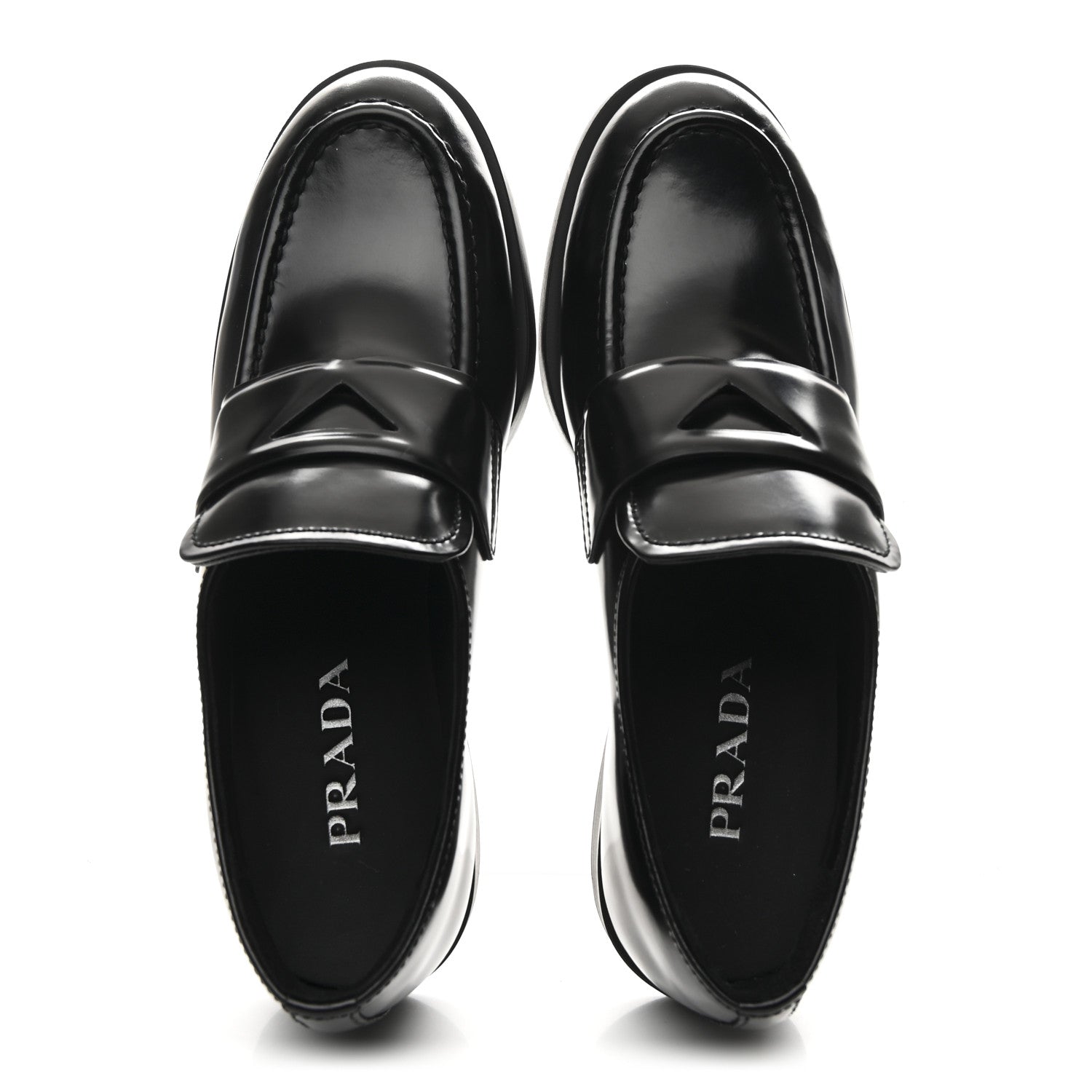 PRADA SPAZZOLATO TRIANGLE LOGO MONOLITH POINTY LOAFERS BLACK