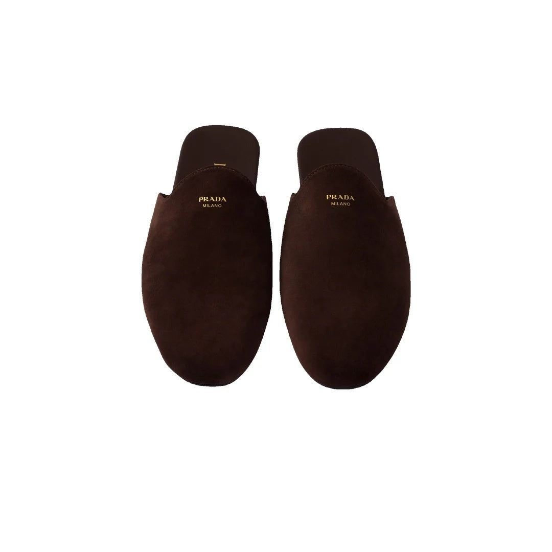 Prada Logo Buckle Suede Mules - Brown