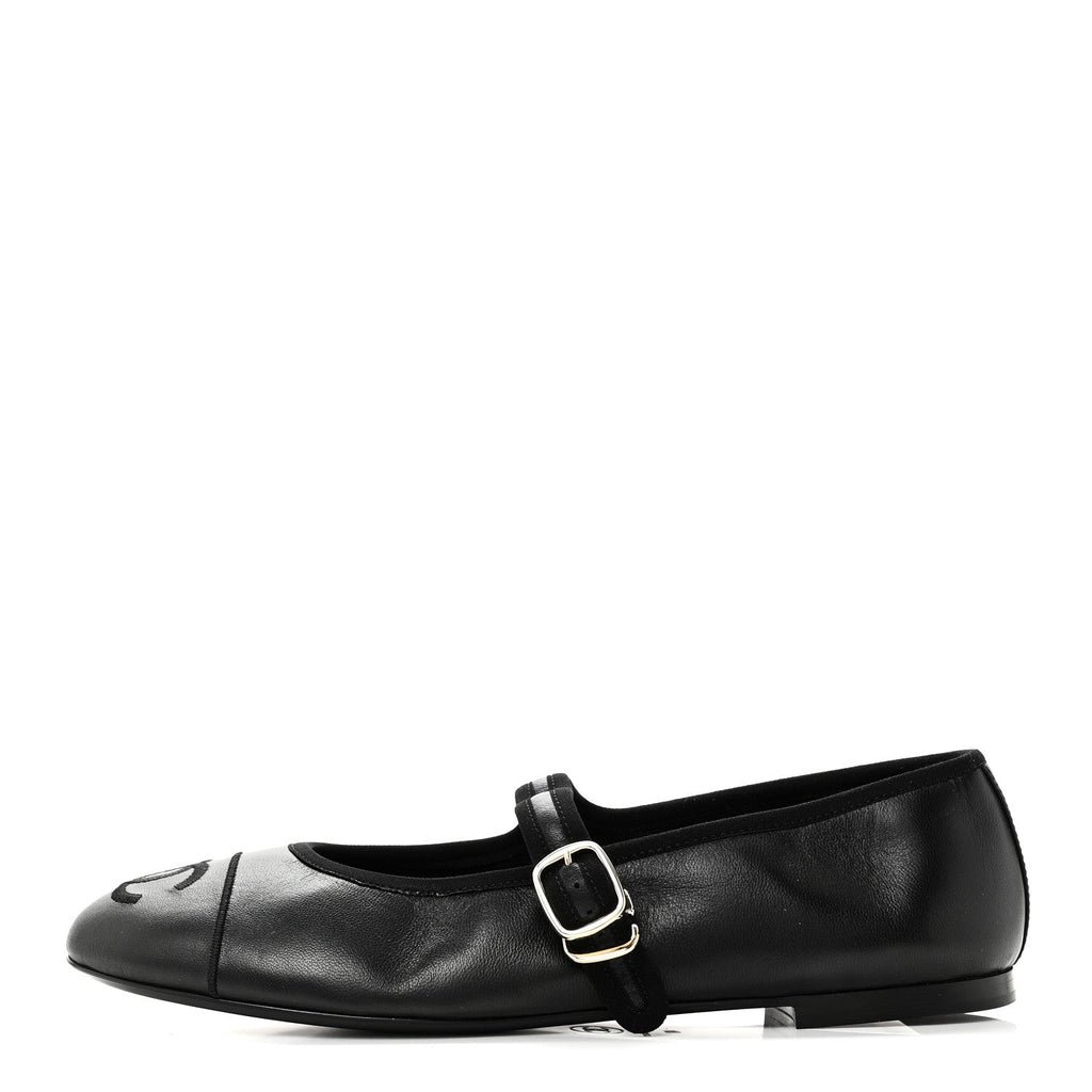 CHANEL PEARL STUDDED MARY JANE FLATS LAMBSKIN BLACK