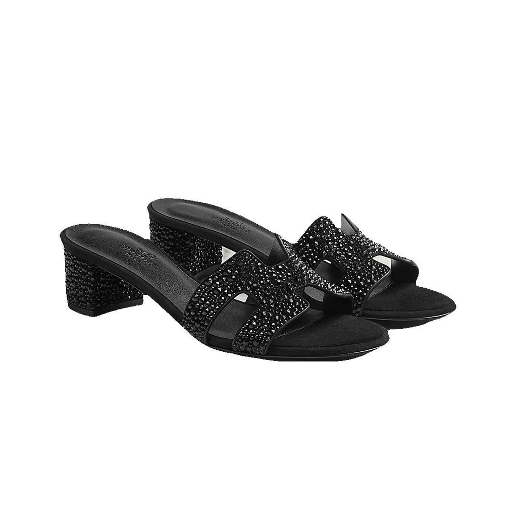 Hermès Hermes Calfskin Canvas Oran Sandal Noisette Beige Dore - Black with Crystals
