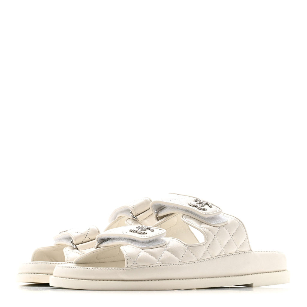 CHANEL LAMBSKIN QUILTED VELCRO DAD CHAIN CC SLIDE SANDAL WHITE