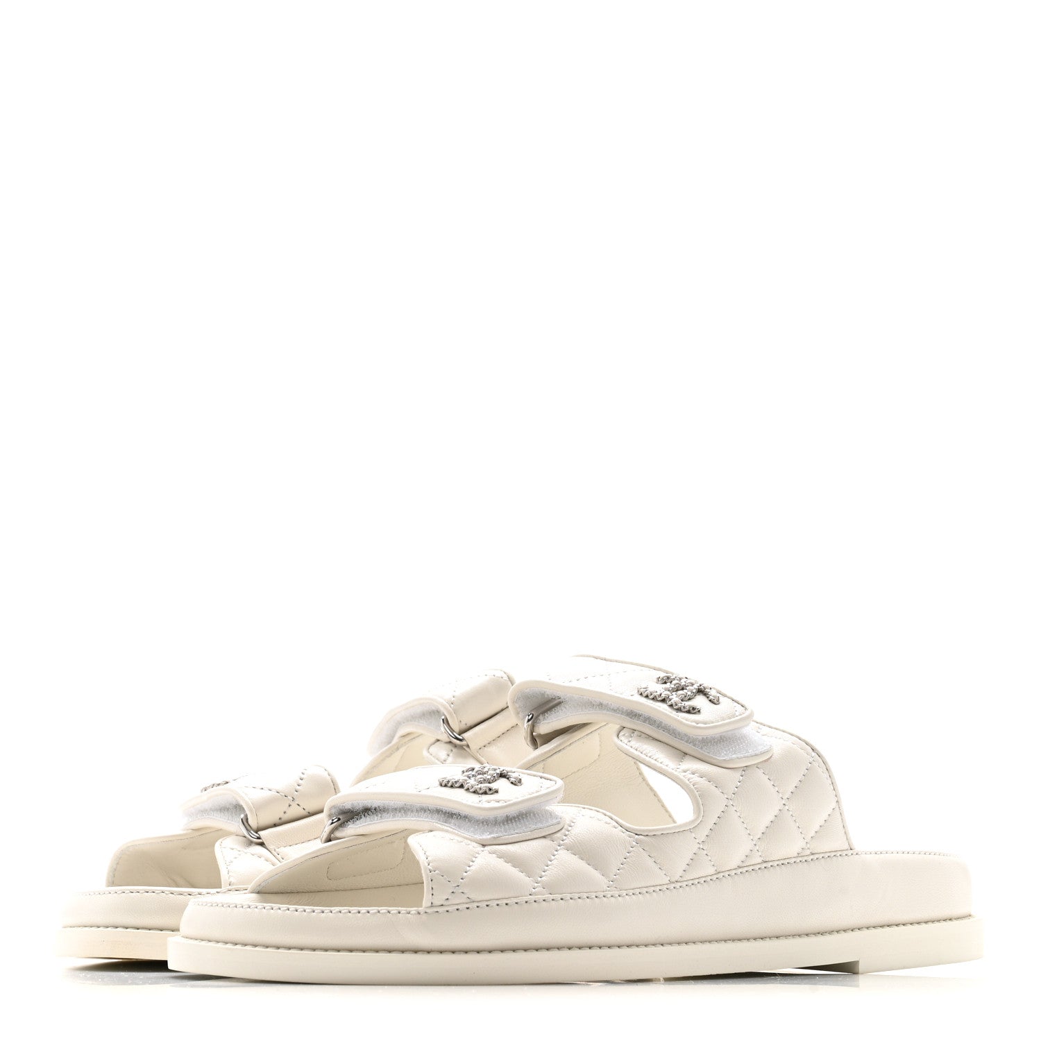 CHANEL LAMBSKIN QUILTED VELCRO DAD CHAIN CC SLIDE SANDAL WHITE