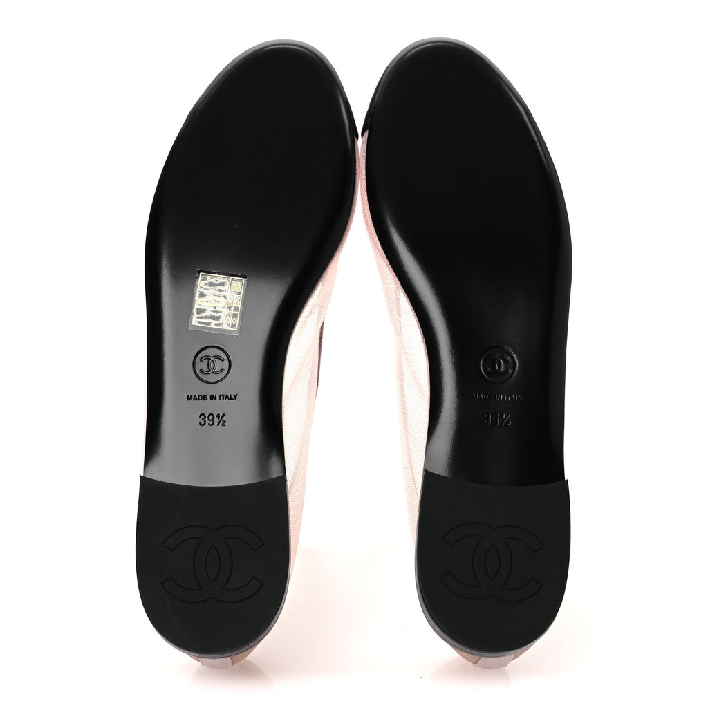 CHANEL TWEED GROSGRAIN CAP TOE CC BALLERINA FLAT PINK BLACK & GOLD
