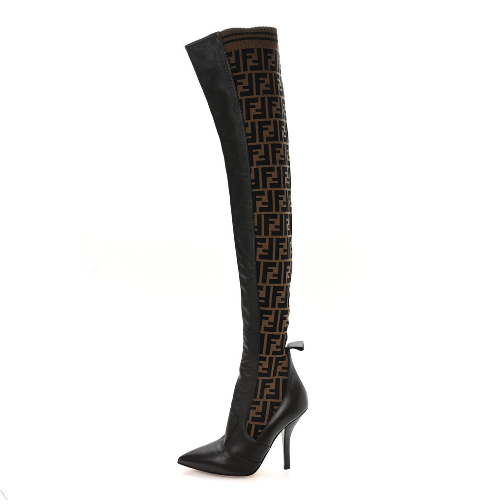 FENDI FF ROCKOKO NAPPA MICROFIBER THIGH HIGH BOOT EBANO TOBACCO