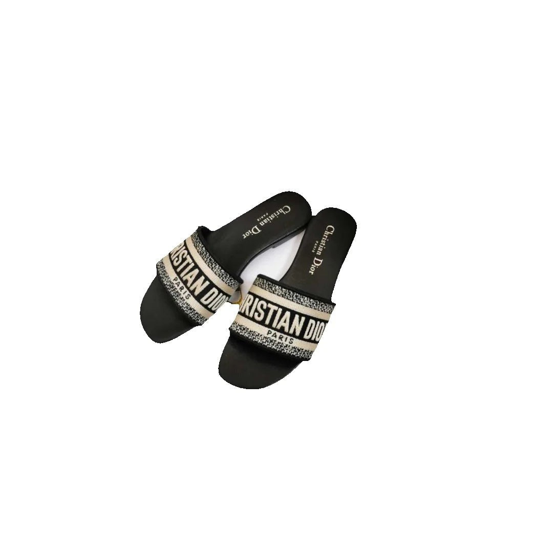Christian Dior Cotton Embroidered D-Way Heeled Slide Sandal Dark - Black/White (flat, no heel)