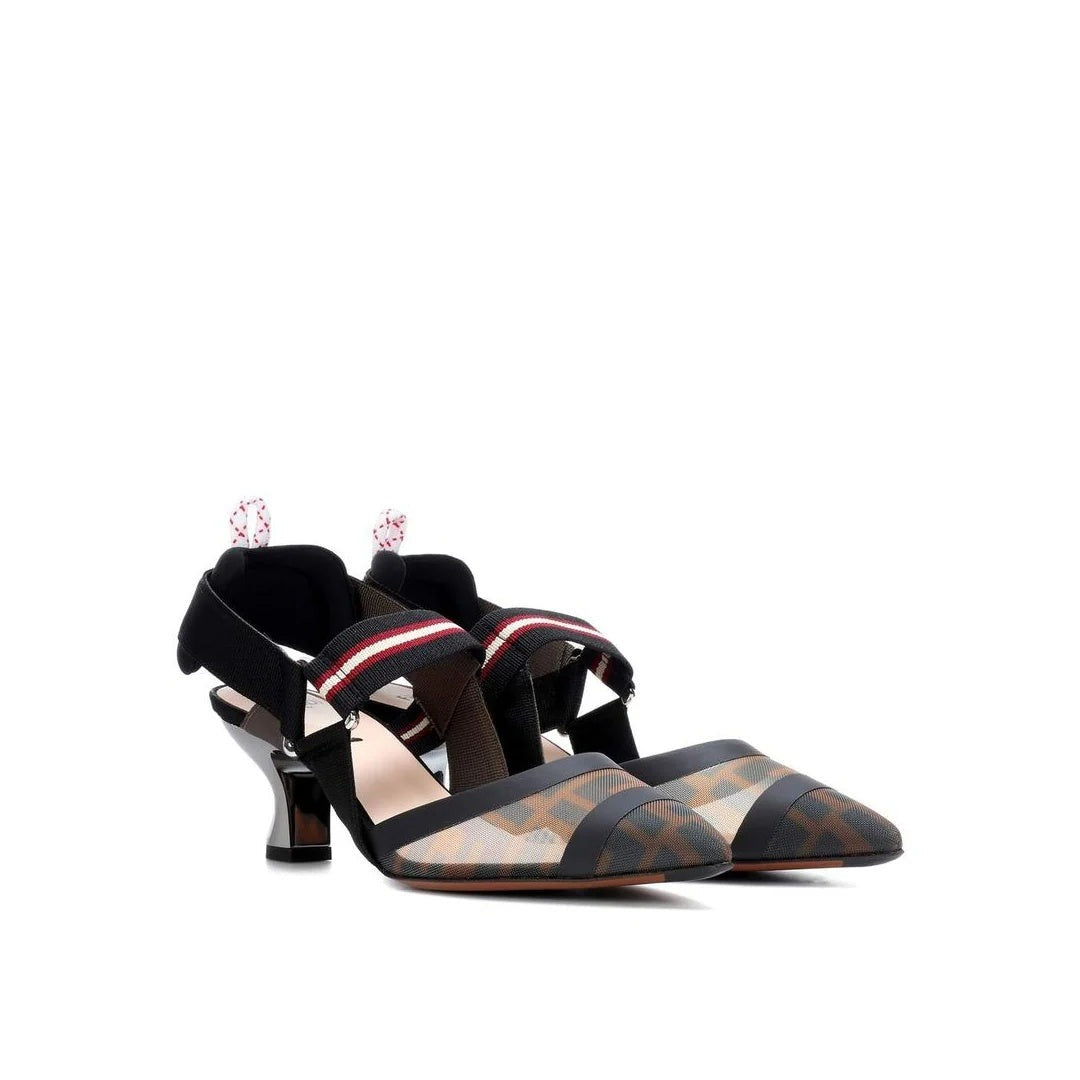 Fendi Colibrì Embroidered Mesh Slingback Pumps - Black/Brown