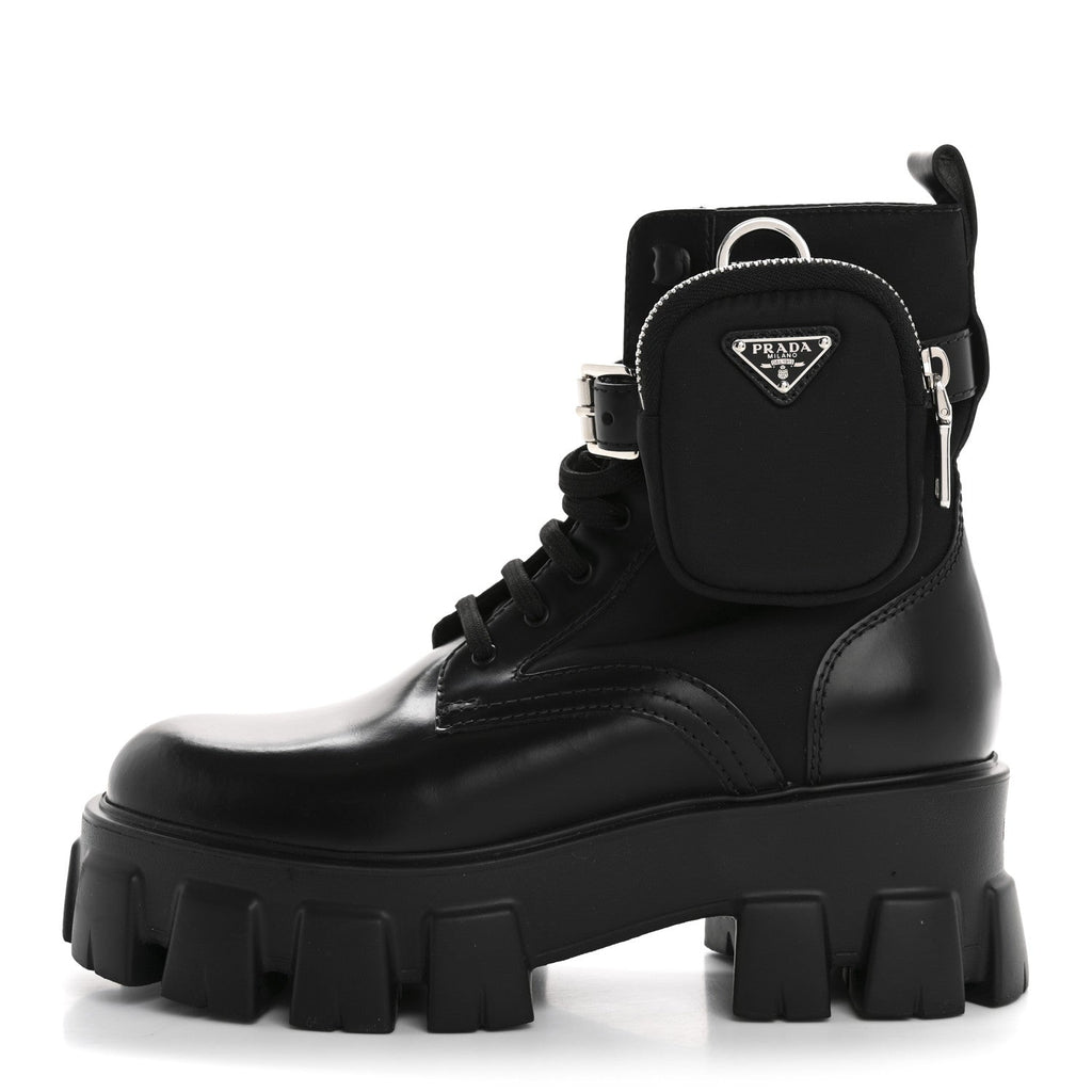 PRADA MONOLITH NYLON POUCH POCKET BOOTS BLACK