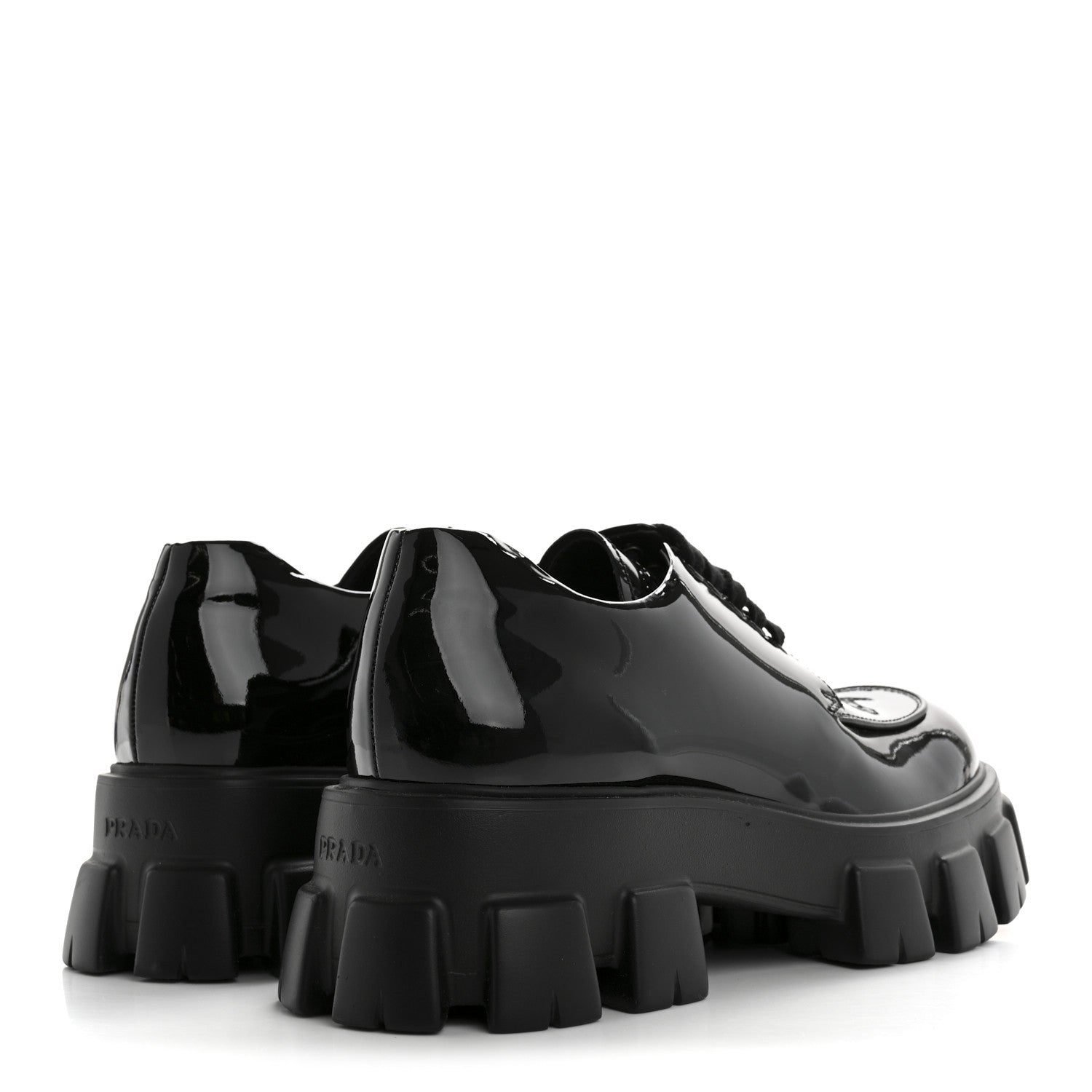 PRADA MONOLITH DERBY LOAFERS BLACK PATENT BLACK