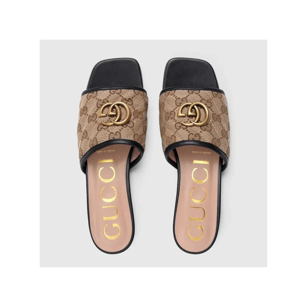 Gucci Canvas Logo Slide Sandals - Beige/Brown