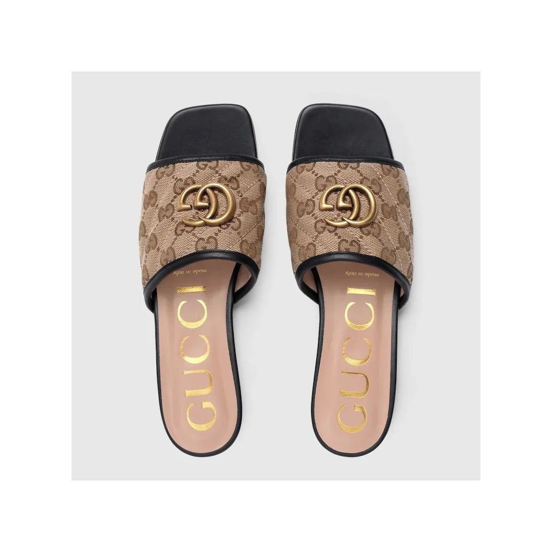 Gucci Canvas Logo Slide Sandals - Beige/Brown