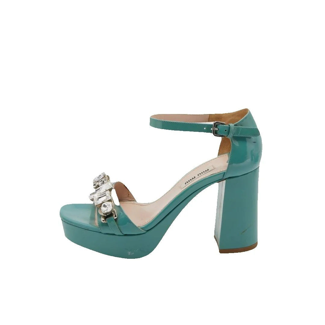 Miu Miu Patent Crystal Embellished Ankle Strap Sandal - Teal