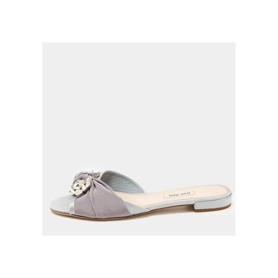Miu Miu Vitello Crystal Flat Sandal - Grey