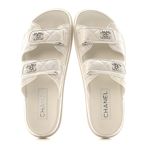 CHANEL LAMBSKIN QUILTED VELCRO DAD CHAIN CC SLIDE SANDAL WHITE