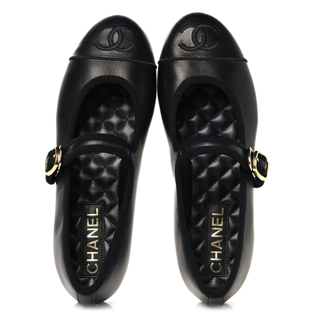 CHANEL PEARL STUDDED MARY JANE FLATS LAMBSKIN BLACK