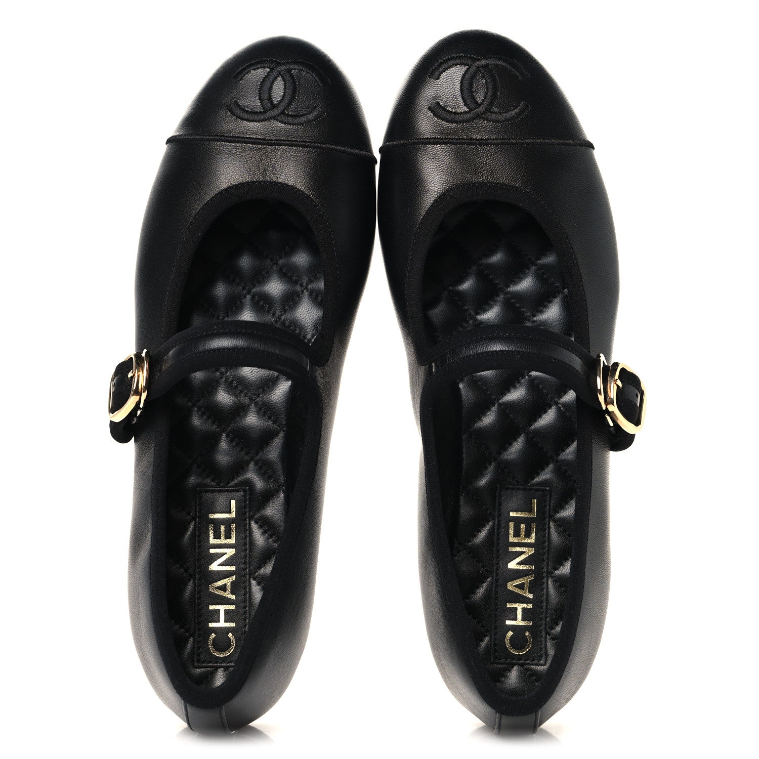 CHANEL PEARL STUDDED MARY JANE FLATS LAMBSKIN BLACK