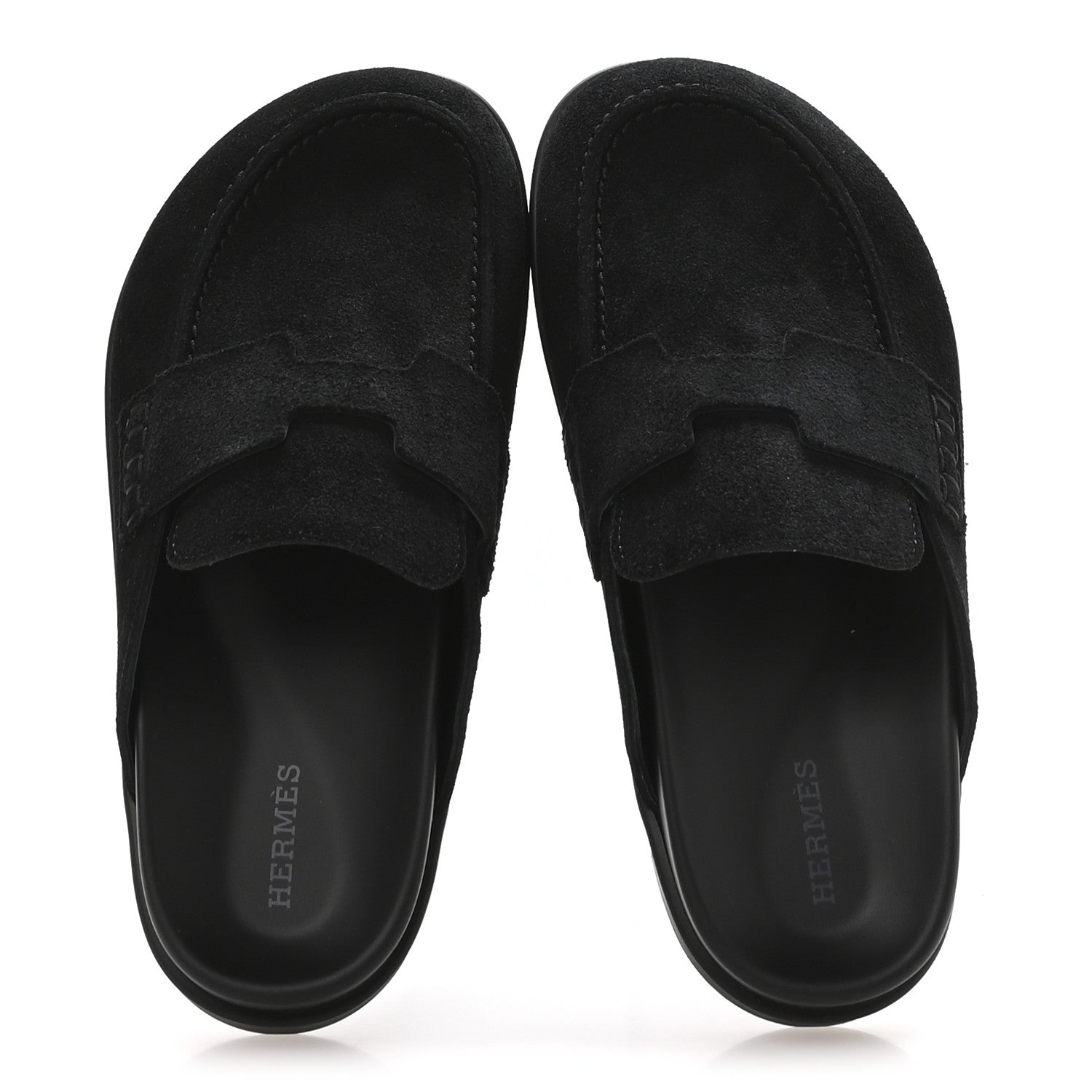 HERMÈS HERMES SUEDE CALFSKIN GO MULE BLACK WITH WHITE SHEARLING